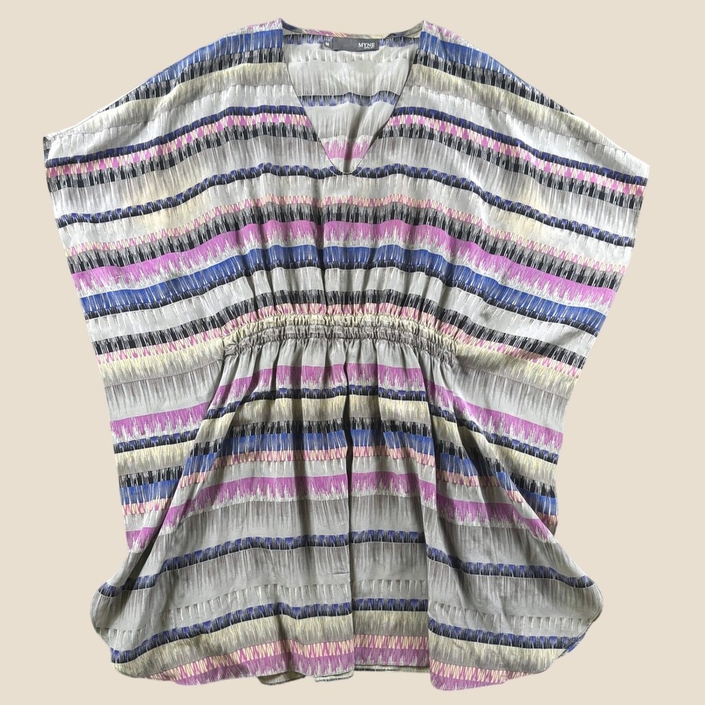 Anthropologie Myne Tunic Ashley Ann Blouse Women M Ikat Stripe Silk V Neck Top